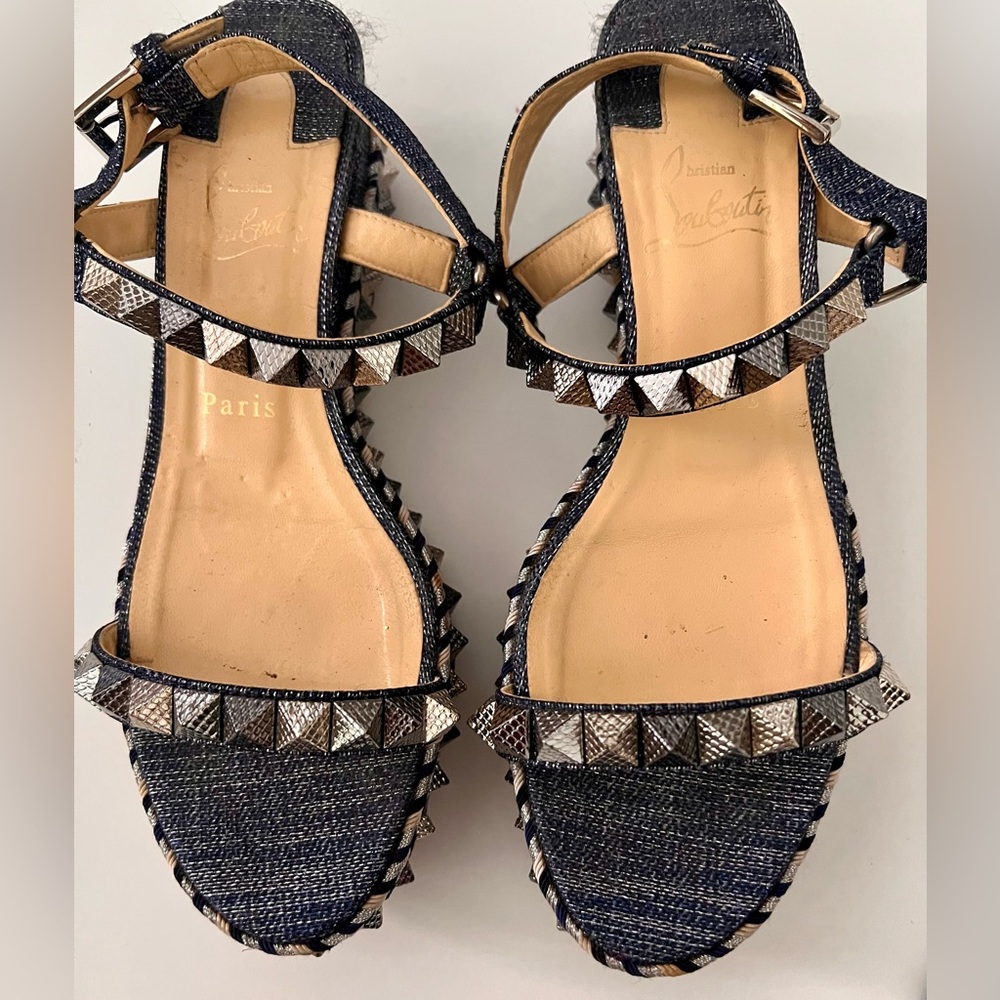 Christian Louboutin Blue DenimPyaclou Studded Ankle Strap Platform Sandals 38 - Picture 2 of 10